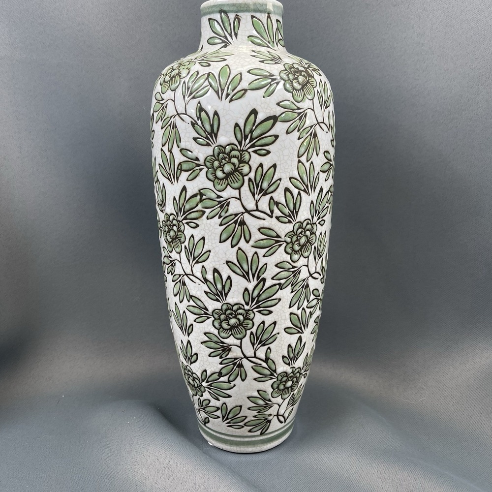 White and Green Floral Ceramic Vase 12" - Picture 10 of 12
